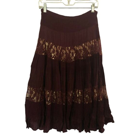 Cache Sequin Metallic Lace Evening Day Skirt Boho Chic New  $128 NWT Burgundy - Picture 3 of 5